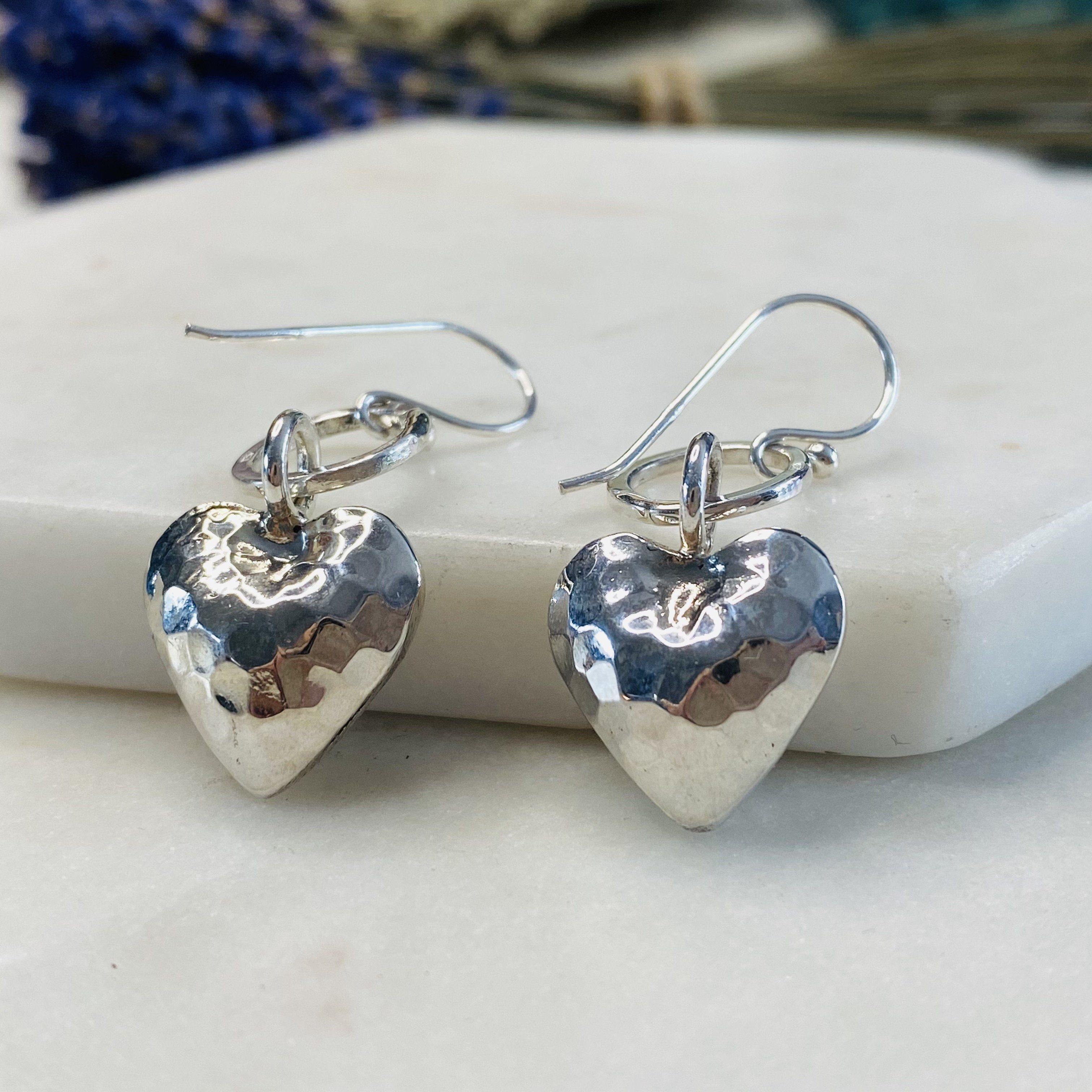 Sterling silver hammered heart drop earrings | Clare Hawley Jewellery